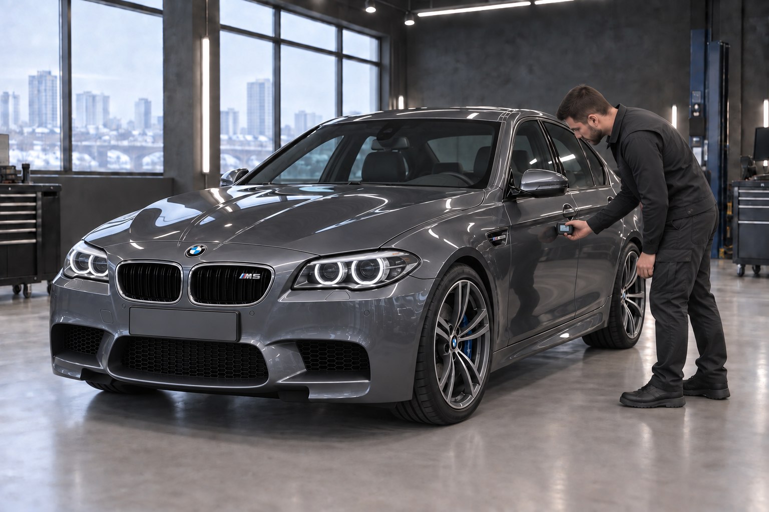 Специалист проверяет кузов BMW M5 F10 толщиномером