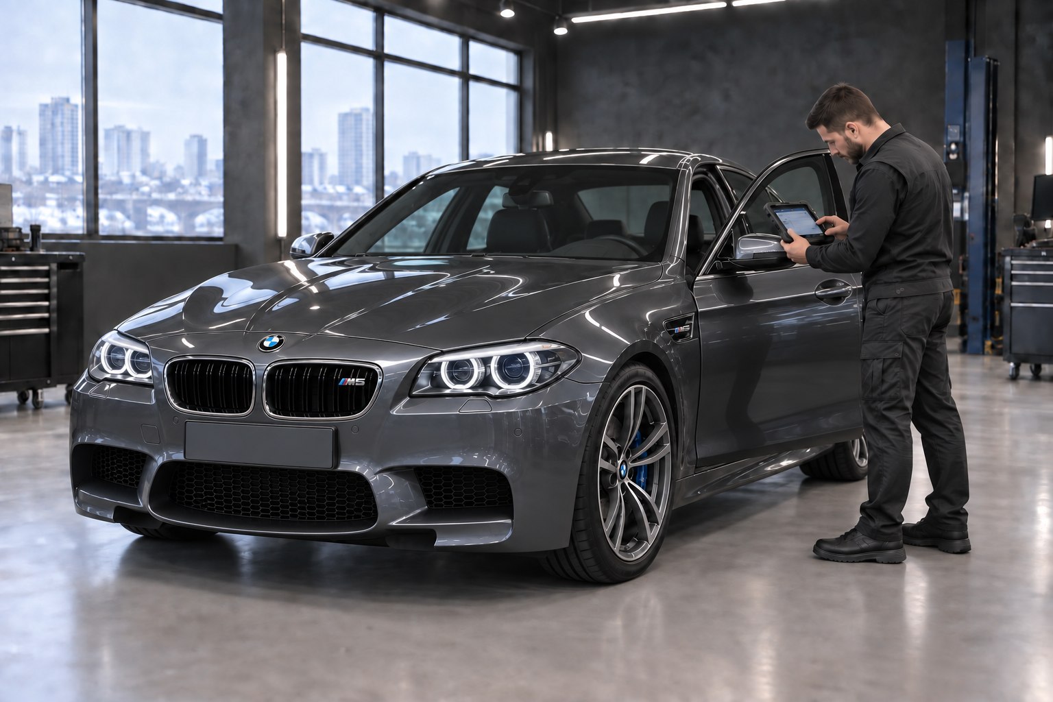 Компьютерная диагностика BMW M5 F10 с открытой водительской дверью