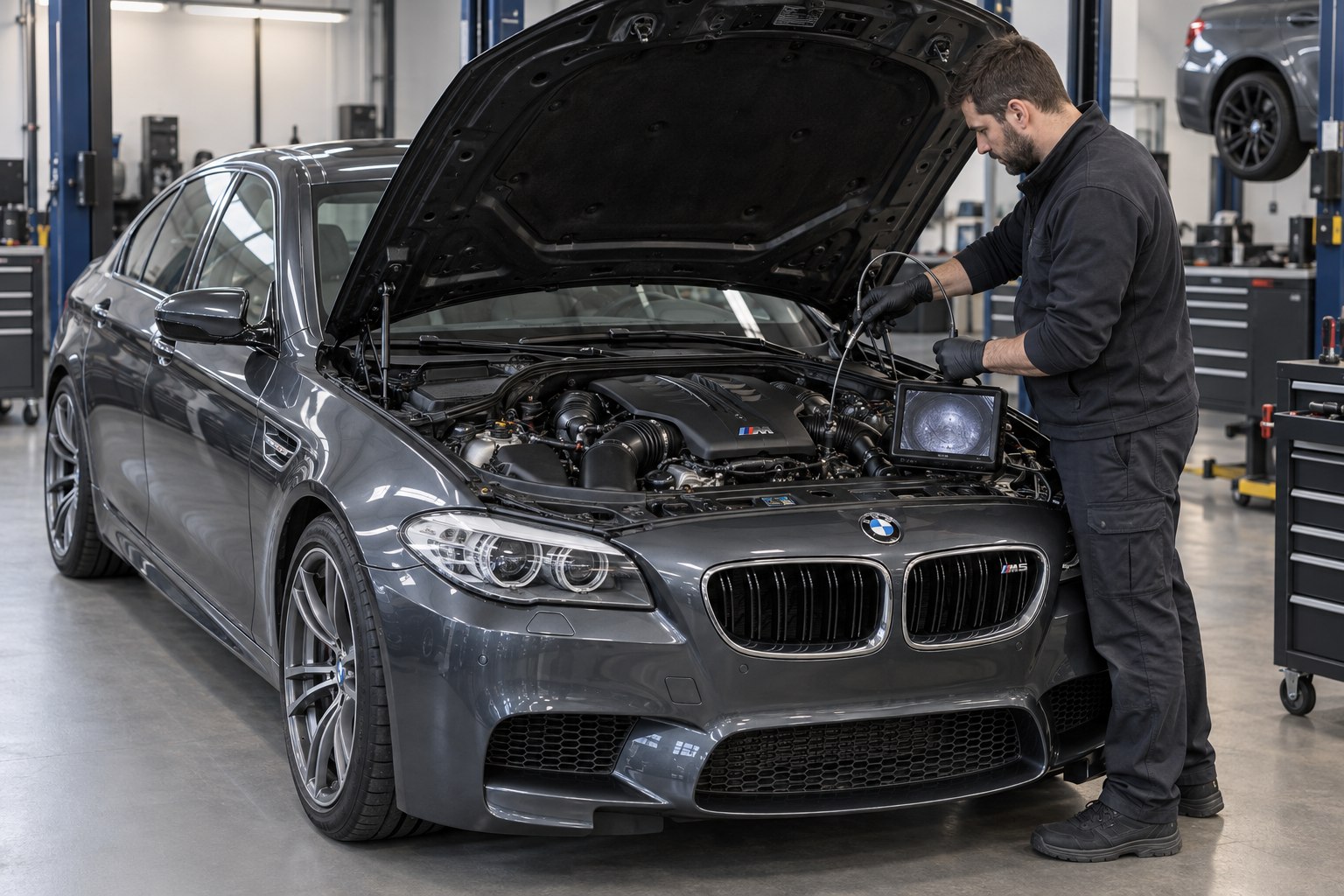 Специалист проводит эндоскопию двигателя BMW M5 F10