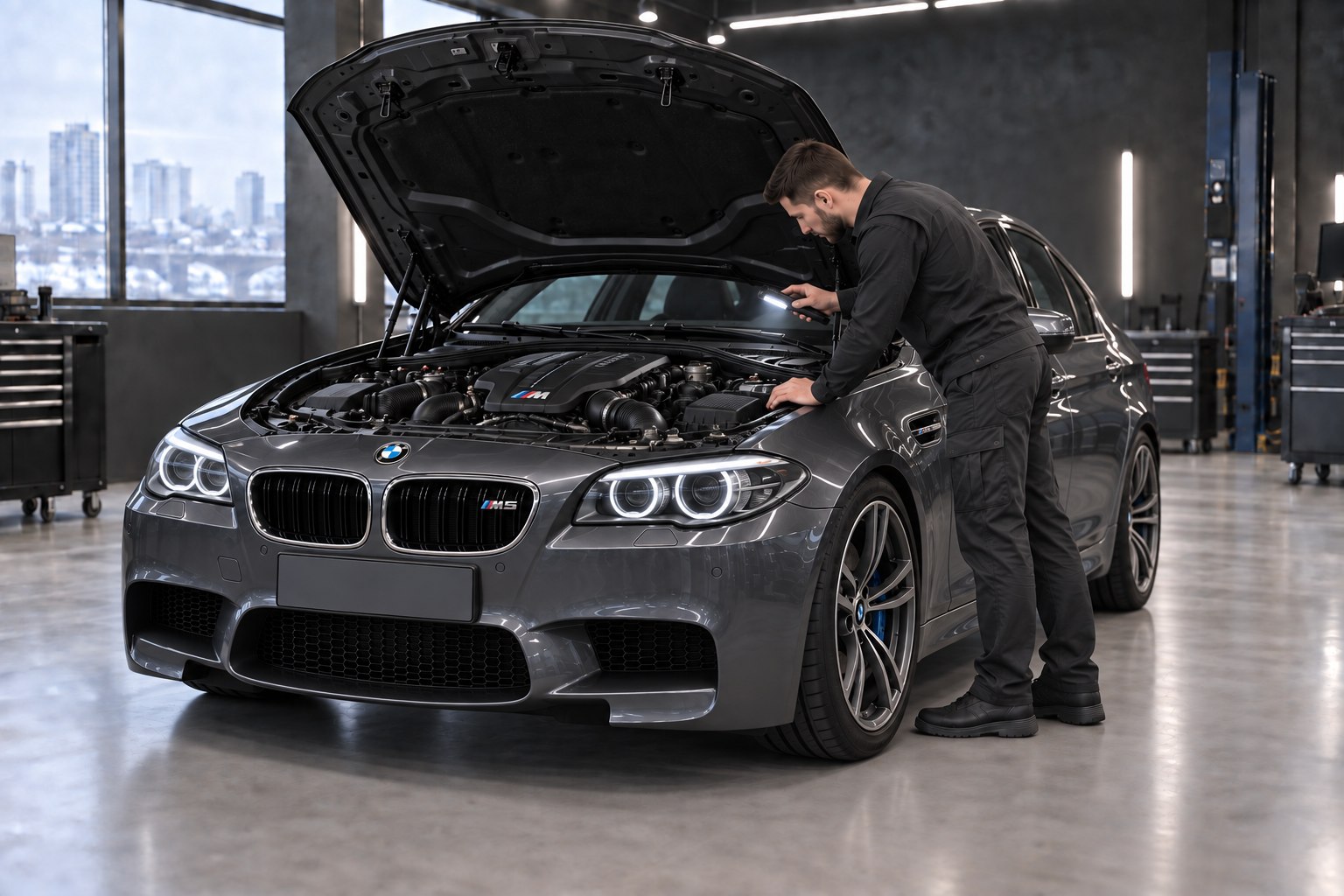 Специалист осматривает двигатель BMW M5 F10 под капотом